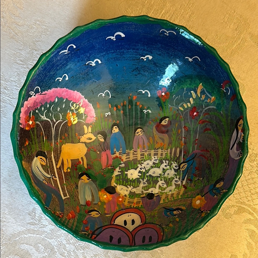Handpainted, Mexican folk art three footed salsa bowl, decorative farm scene
